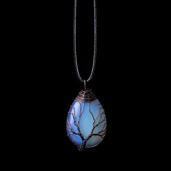 Tree Of Life Copper Wire Wrap Opal Glass Stone Pendant Necklace - Picture 2 of 2